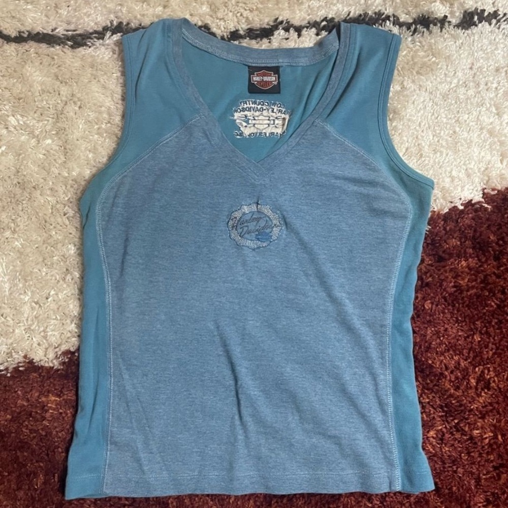 Blue Fitted two tone Harley Davidson Sleeveless Tank Top